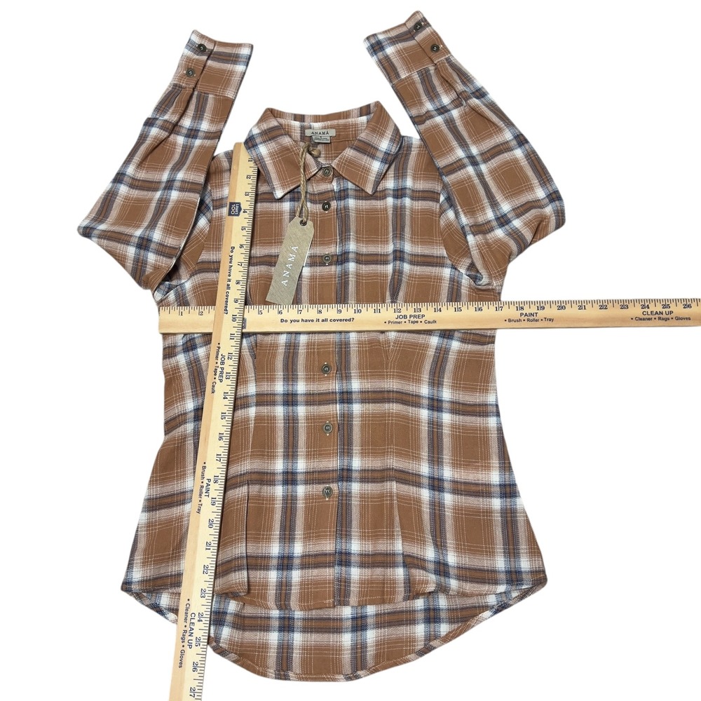 Anama` Tailored Farmcore Flannel Long Sleeve Button Brown Plaid Cozy Small Shirt - Picture 9 of 10